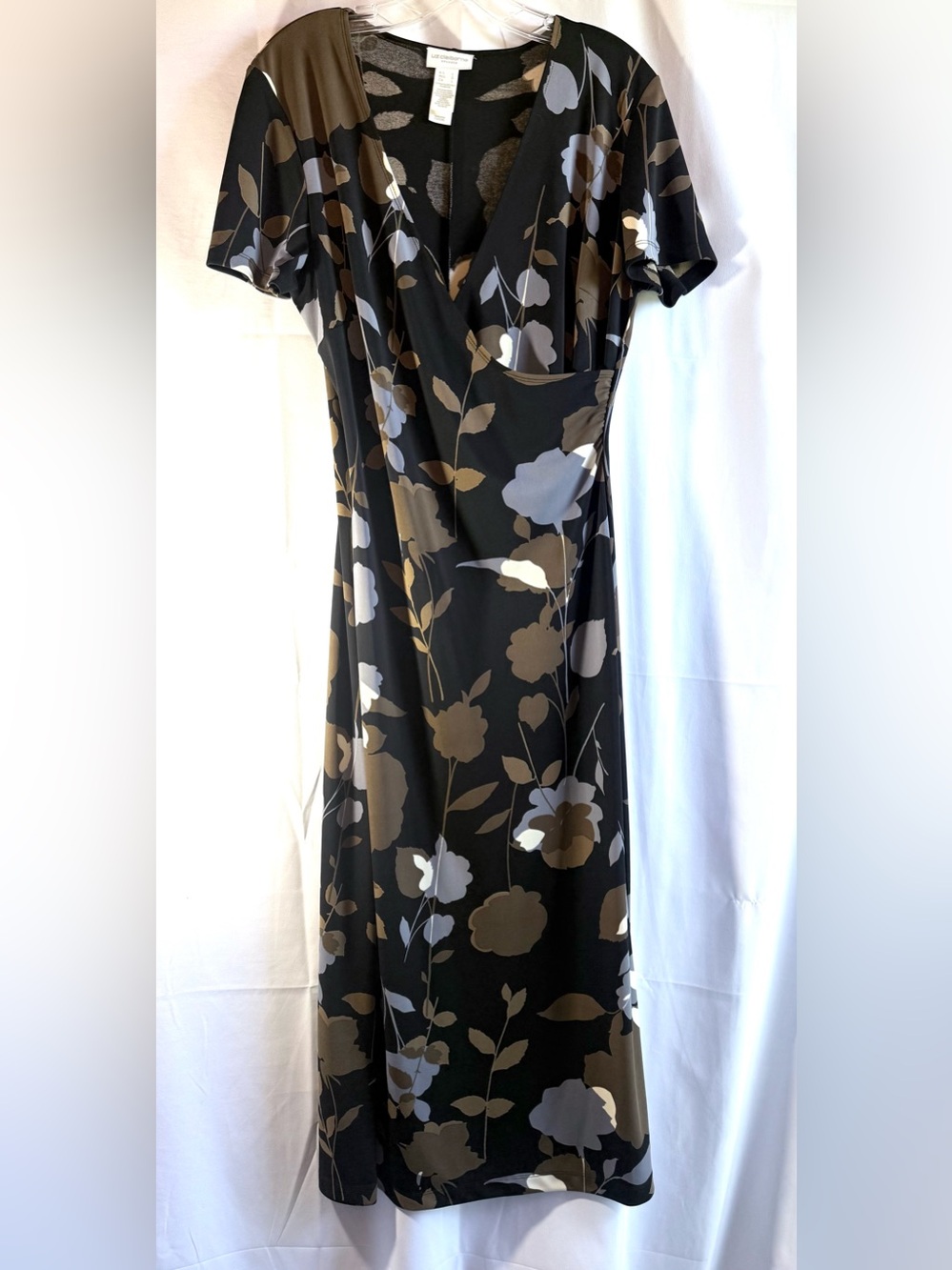 Liz Claiborne Black Maxi Dress with Taupe and Light Gray Floral Print Size Large